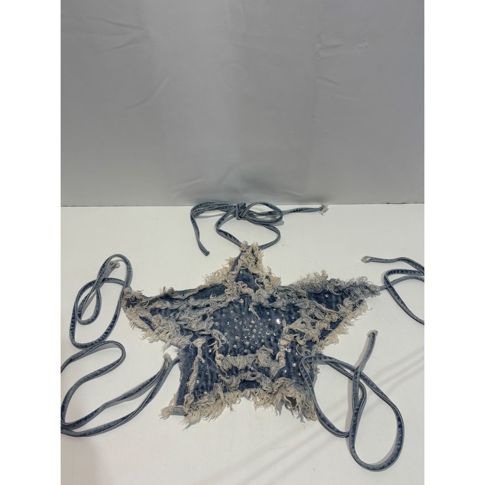 Blue B Collection Star Halter Top Women Small Blue Rhinestone Denim y2k boho